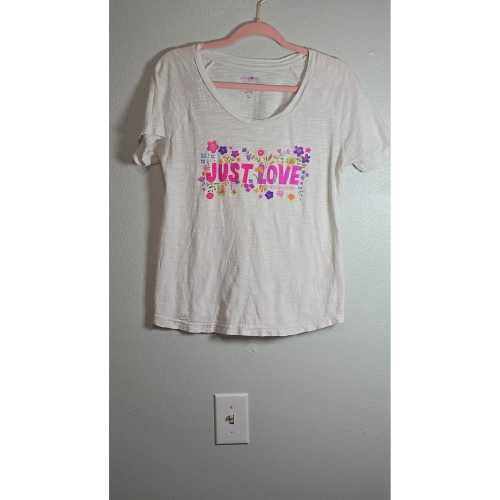 Natural Life Just Love Graphic Tee White Slub Cotton Floral Short Sleeve Large